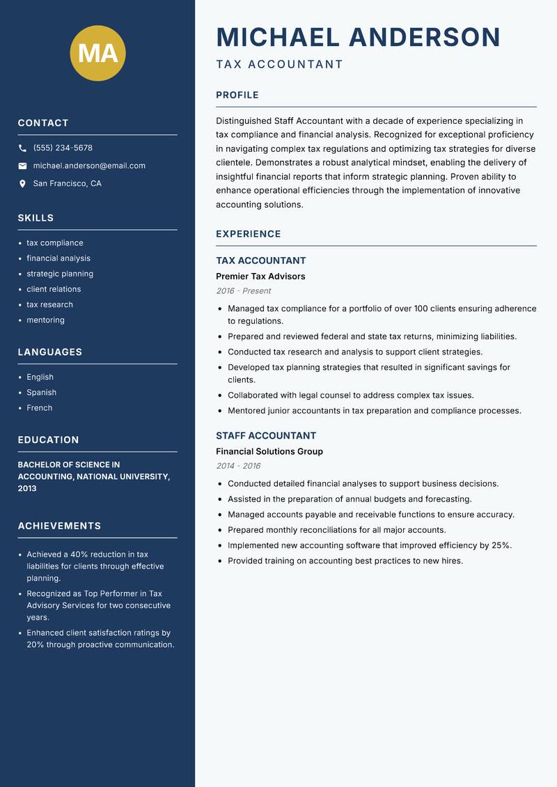 Staff Accountant Resume Preview Example