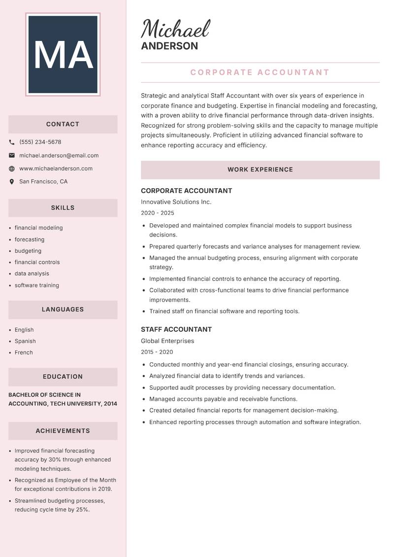 Staff Accountant Resume Preview Example