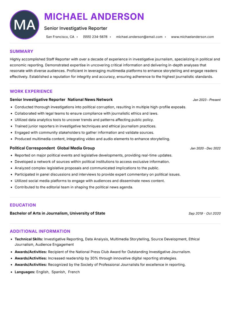 Staff Reporter Resume Preview Example