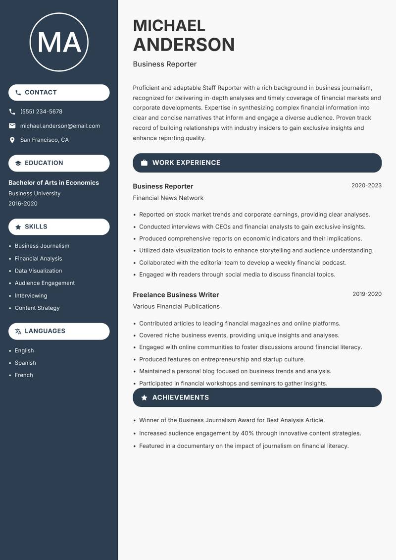 Staff Reporter Resume Preview Example