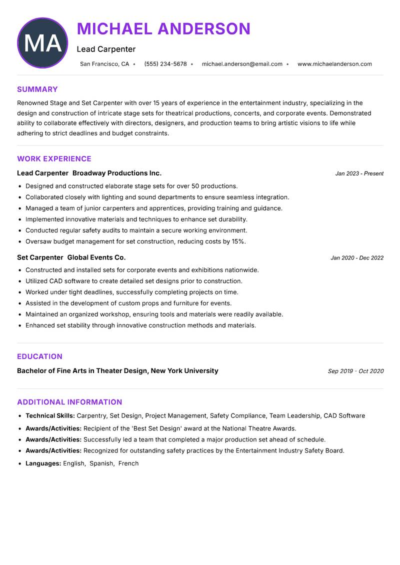 Stage and Set Carpenter Resume Preview Example