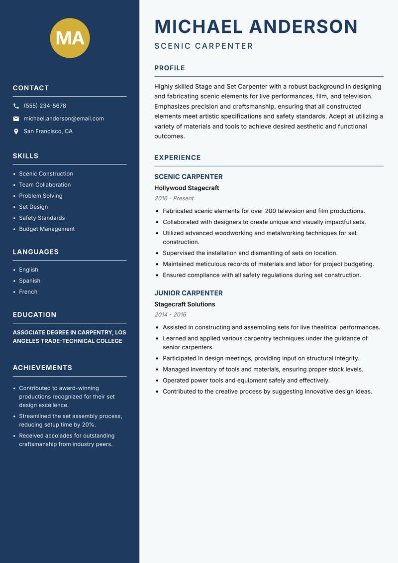 Stage and Set Carpenter Resume Preview Example