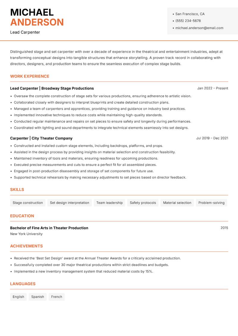 Stage and Set Carpenter Resume Template