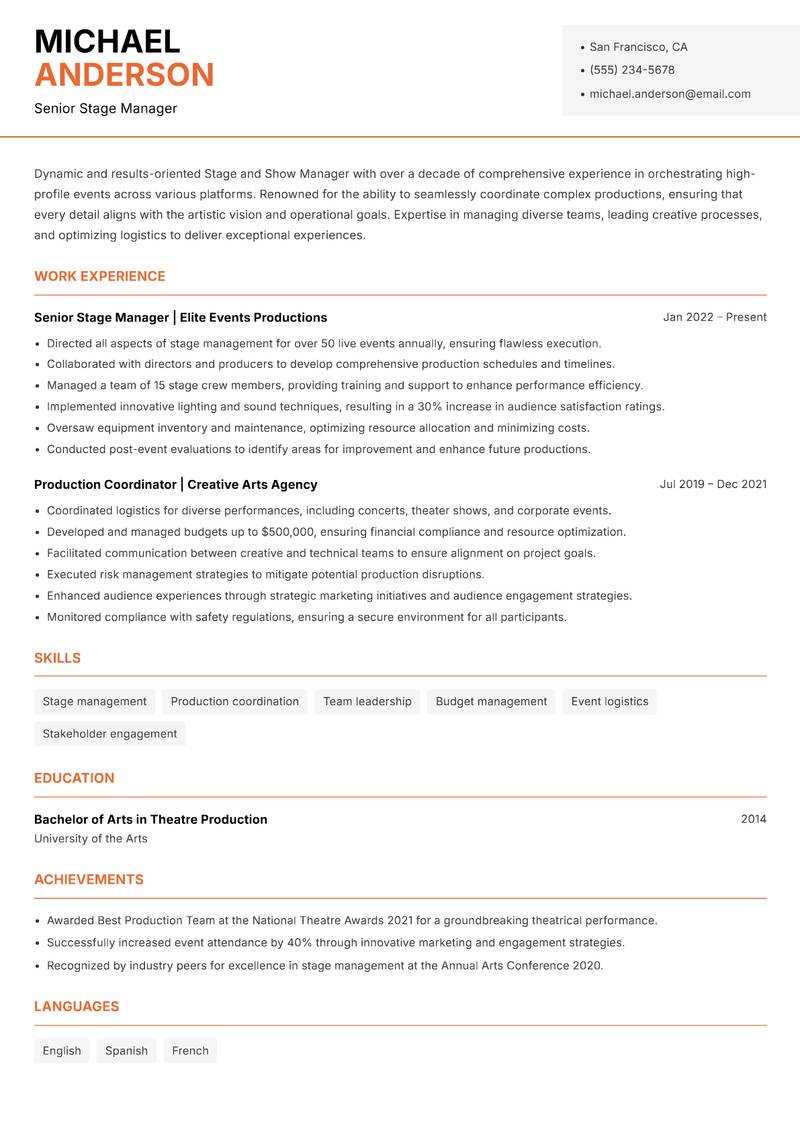 Stage and Show Manager Resume Template
