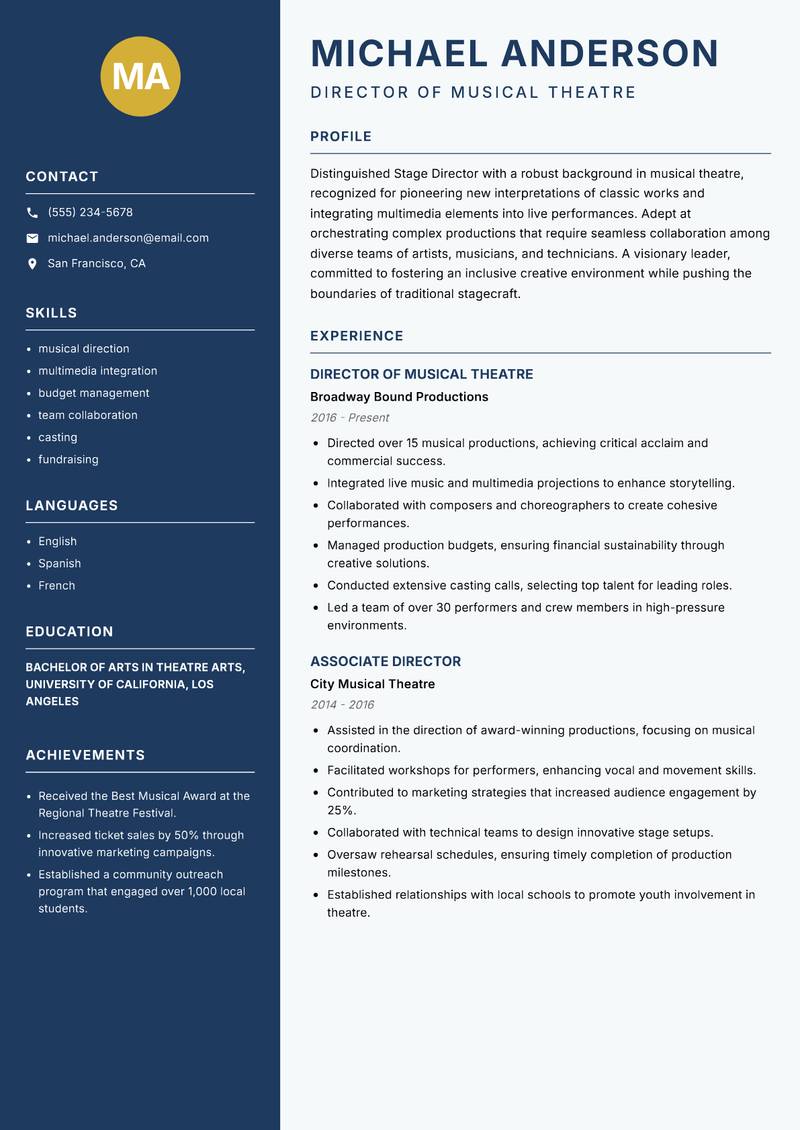 Stage Director Resume Preview Example