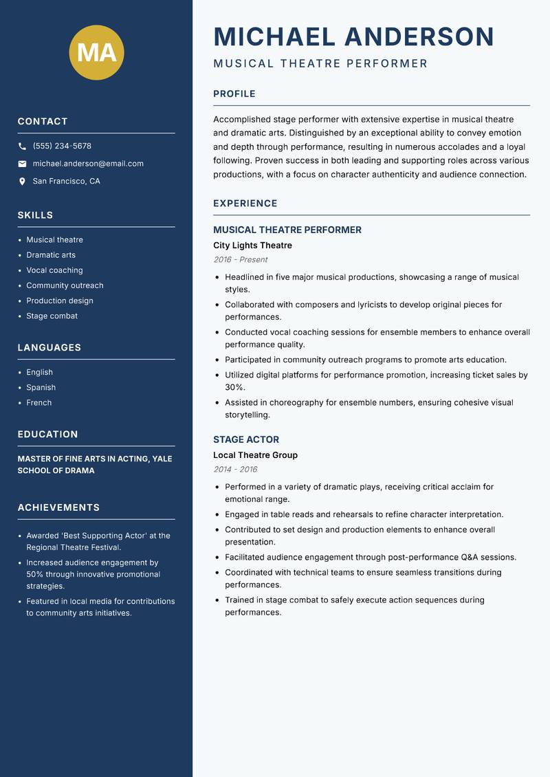 Stage Performer Resume Preview Example