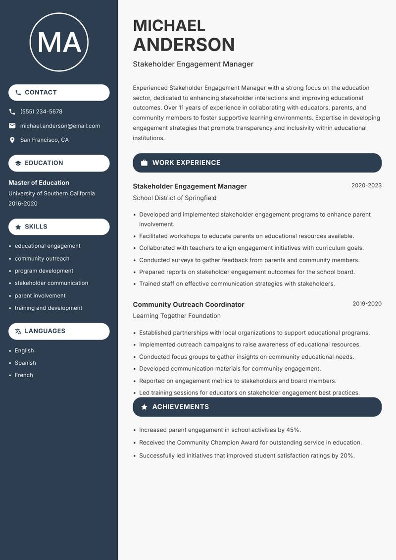 Stakeholder Engagement Manager Resume Preview Example