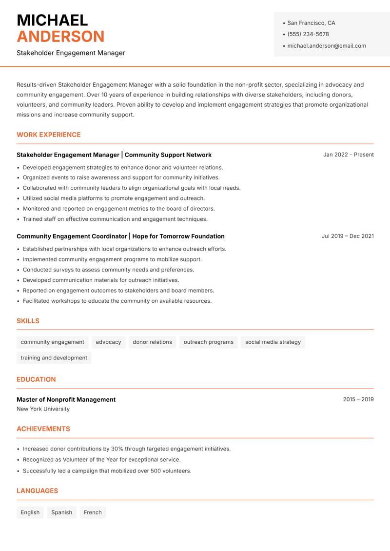 Stakeholder Engagement Manager Resume Template