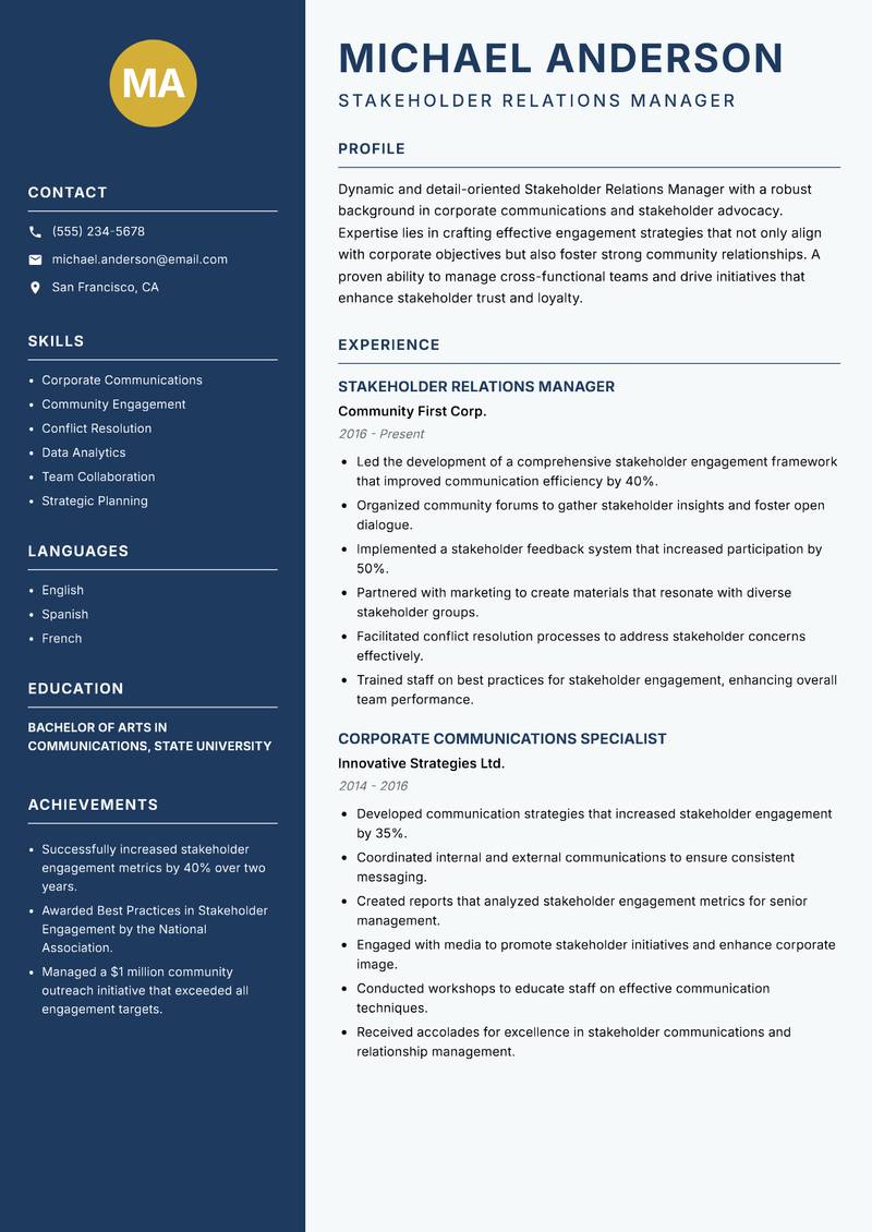 Stakeholder Relations Manager Resume Preview Example