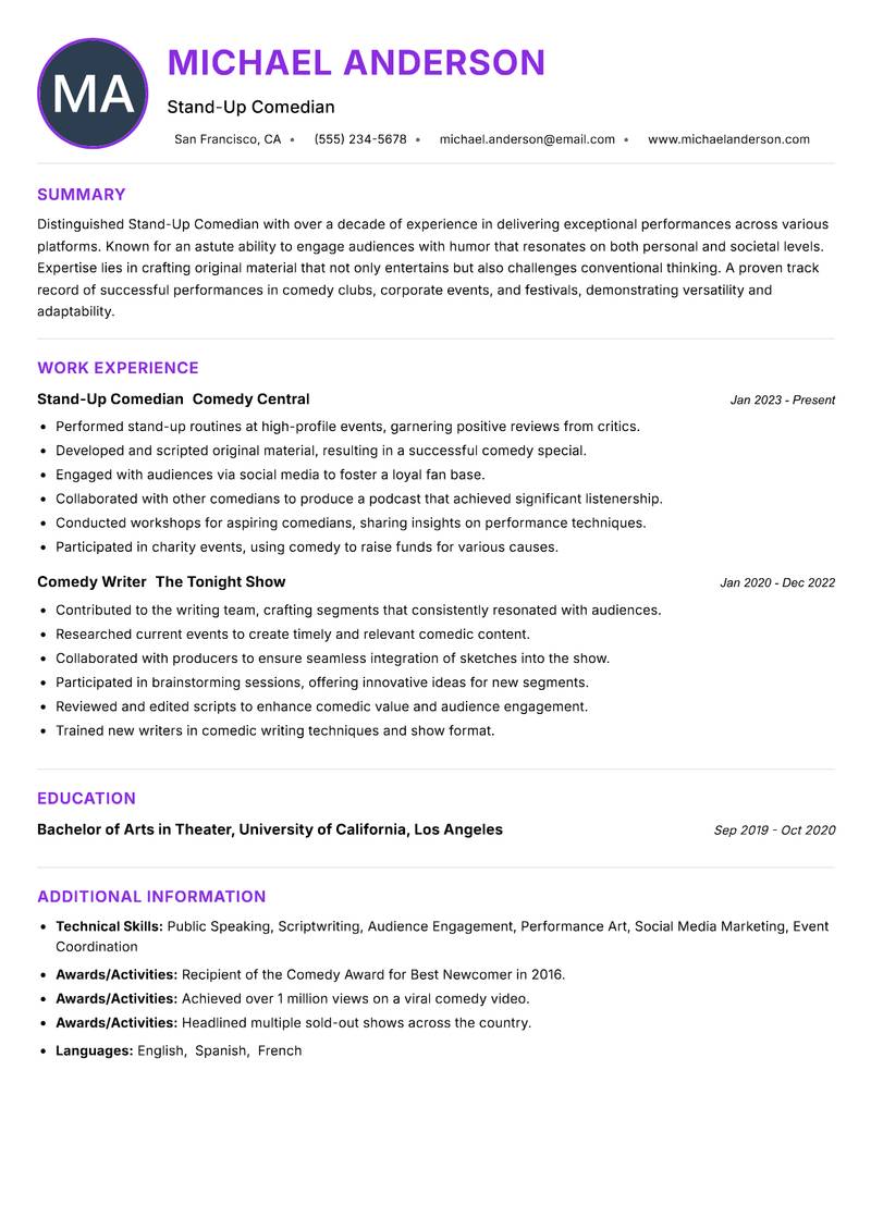 Stand Up Comedian Resume Preview Example