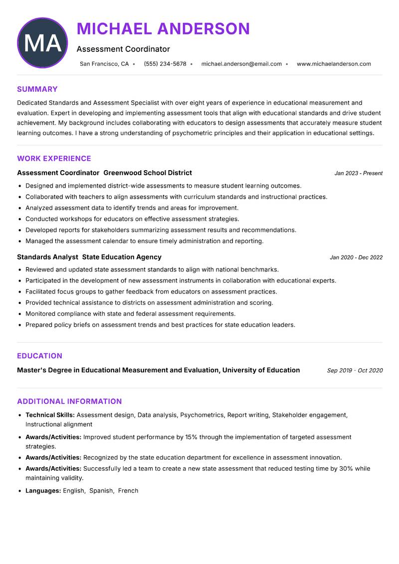Standards and Assessment Specialist Resume Preview Example