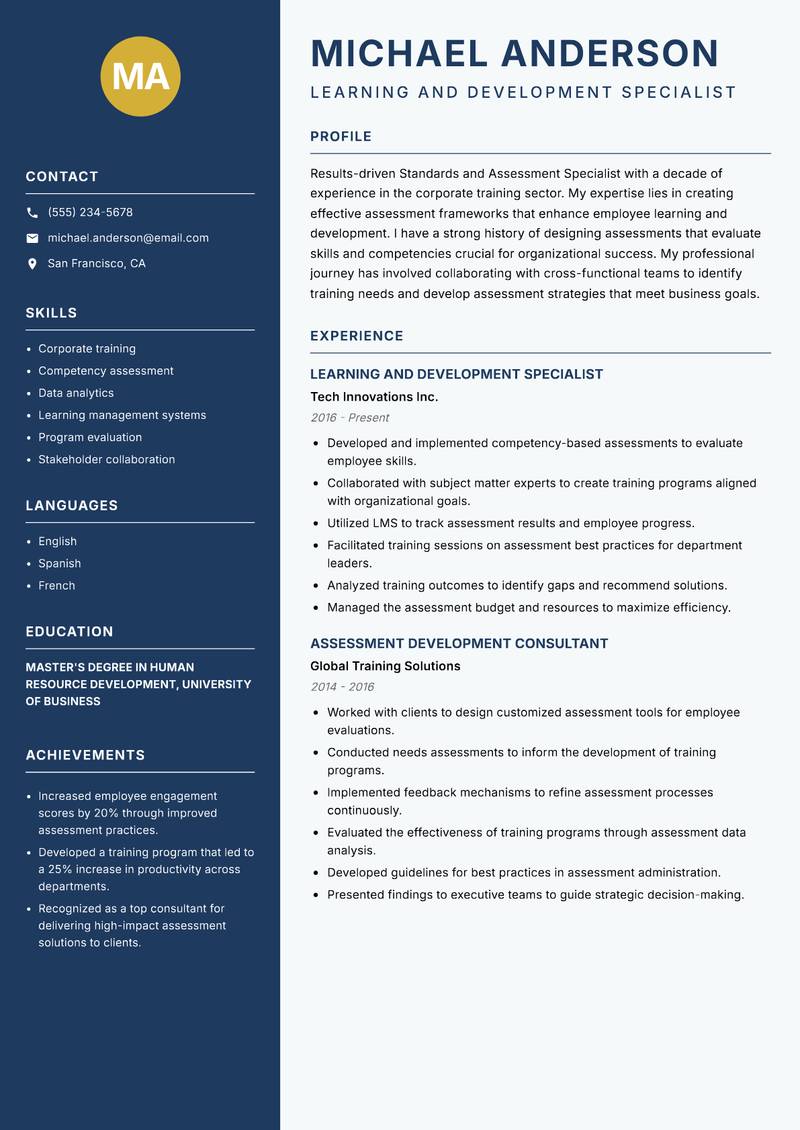 Standards and Assessment Specialist Resume Preview Example