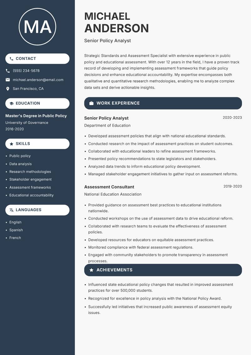 Standards and Assessment Specialist Resume Preview Example