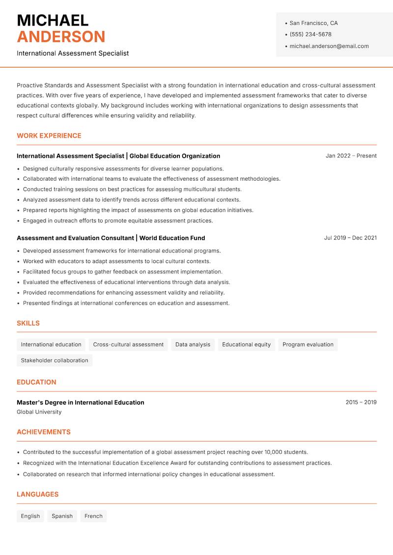 Standards and Assessment Specialist Resume Template