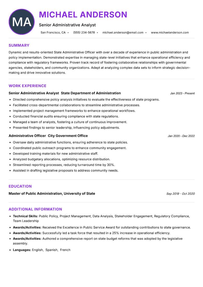 State Administrative Officer Resume Preview Example