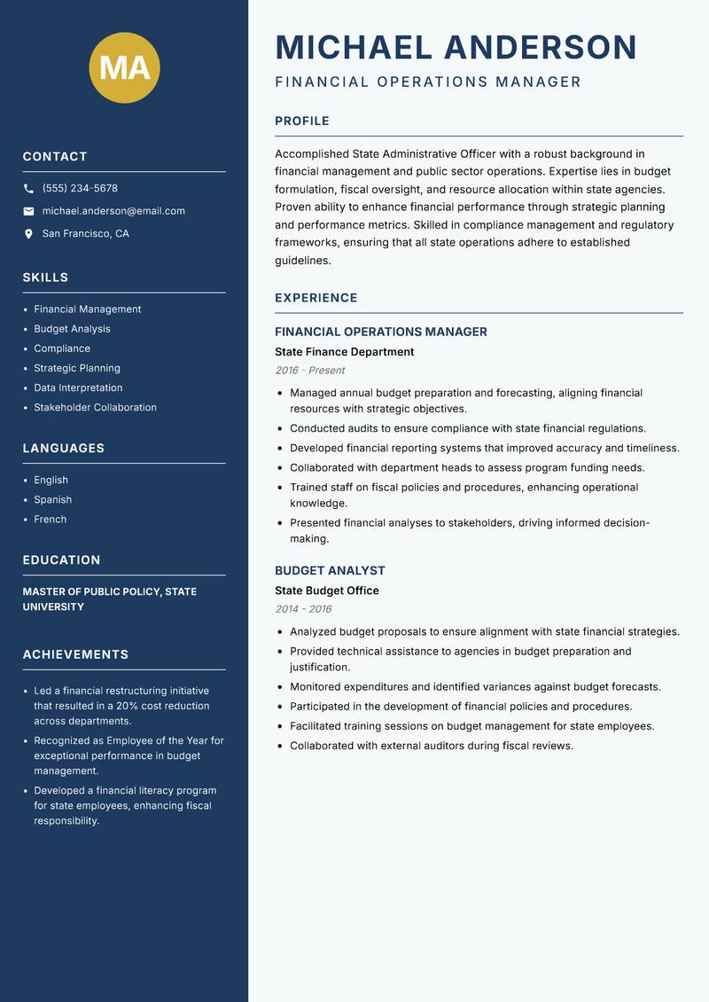 State Administrative Officer Resume Preview Example