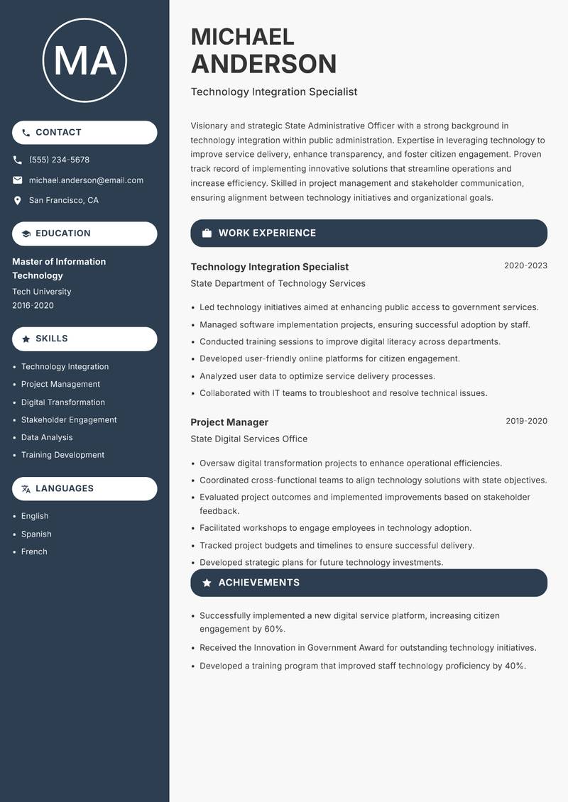 State Administrative Officer Resume Preview Example