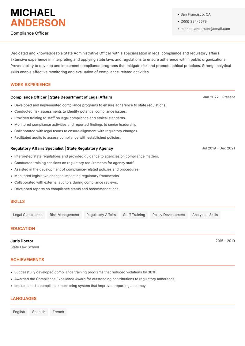 State Administrative Officer Resume Template