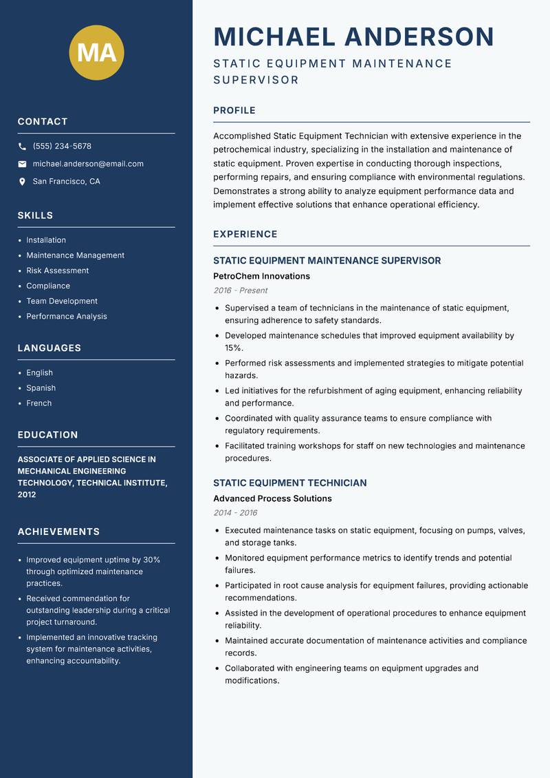 Static Equipment Technician Resume Preview Example