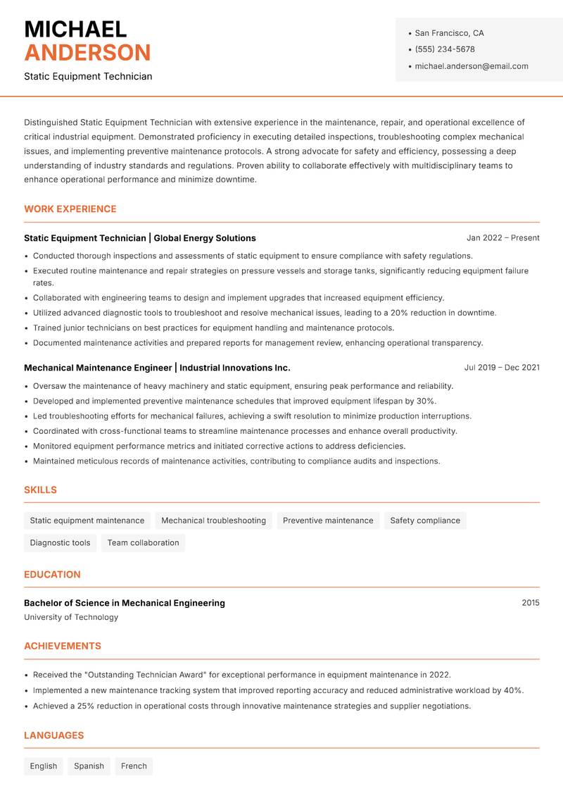 Static Equipment Technician Resume Template