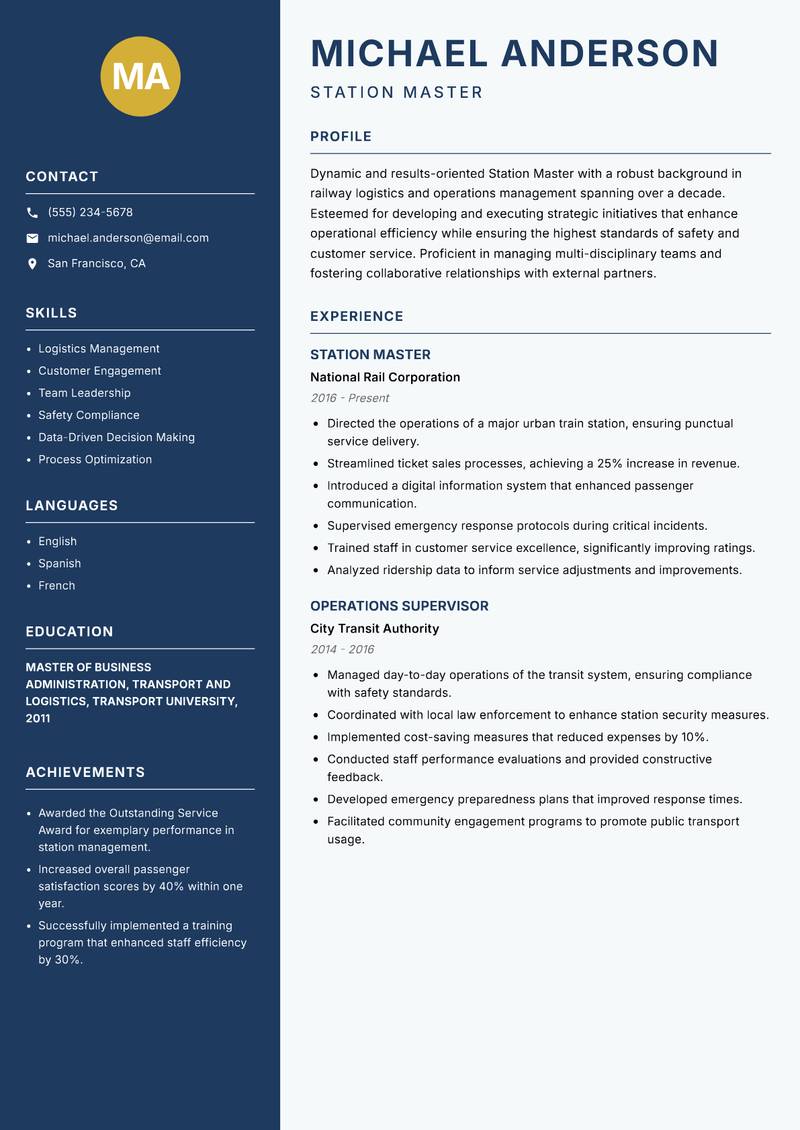 Station Master Resume Preview Example