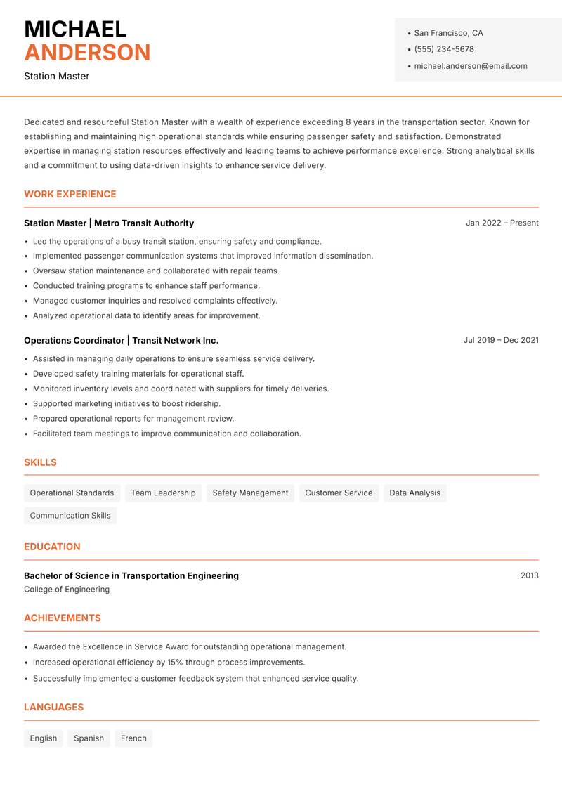Station Master Resume Template