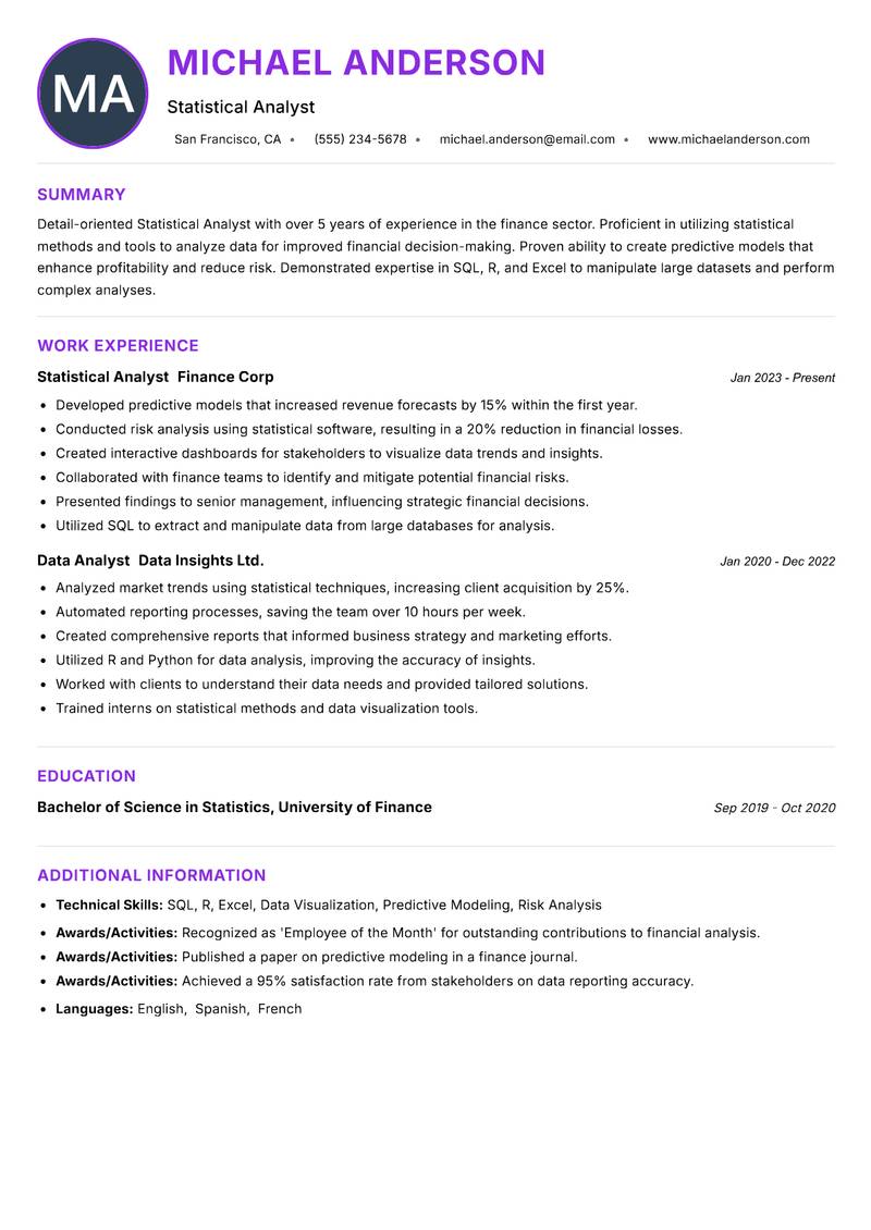 Statistical Analyst Resume Preview Example