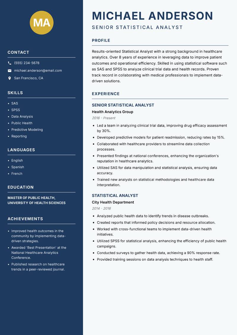 Statistical Analyst Resume Preview Example