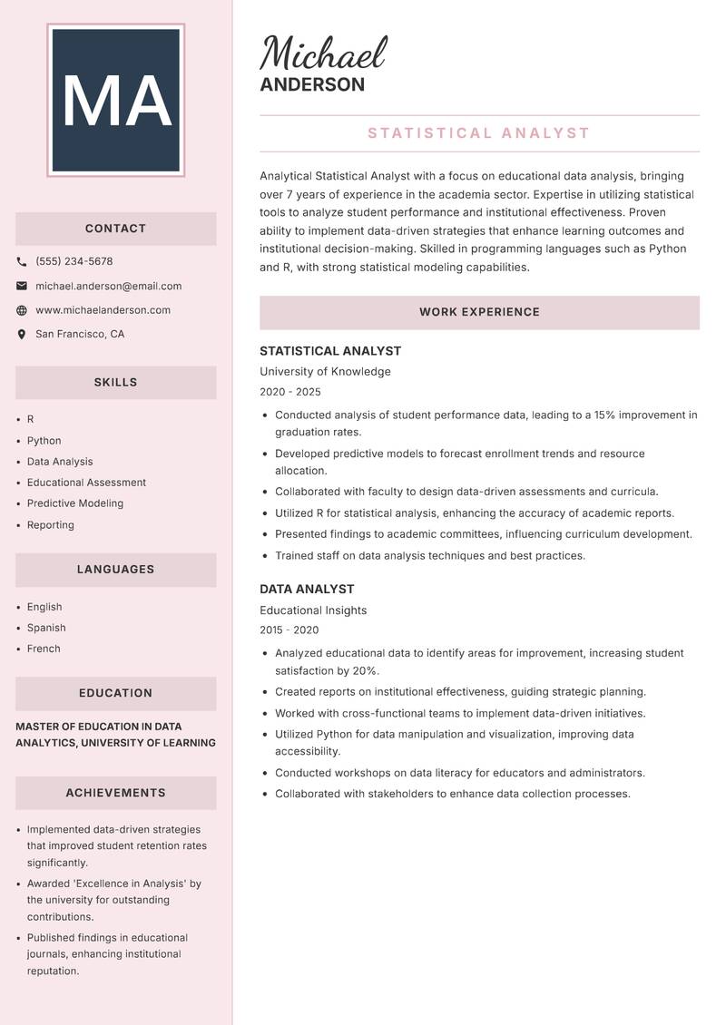 Statistical Analyst Resume Preview Example