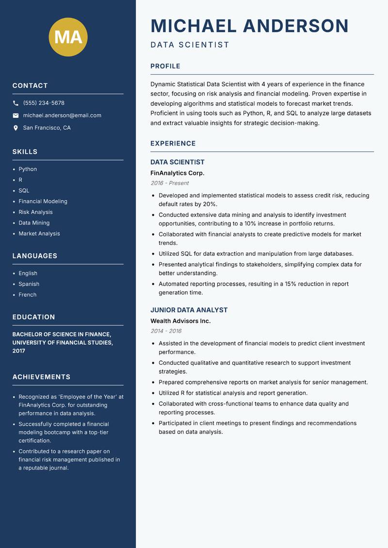 Statistical Data Scientist Resume Preview Example