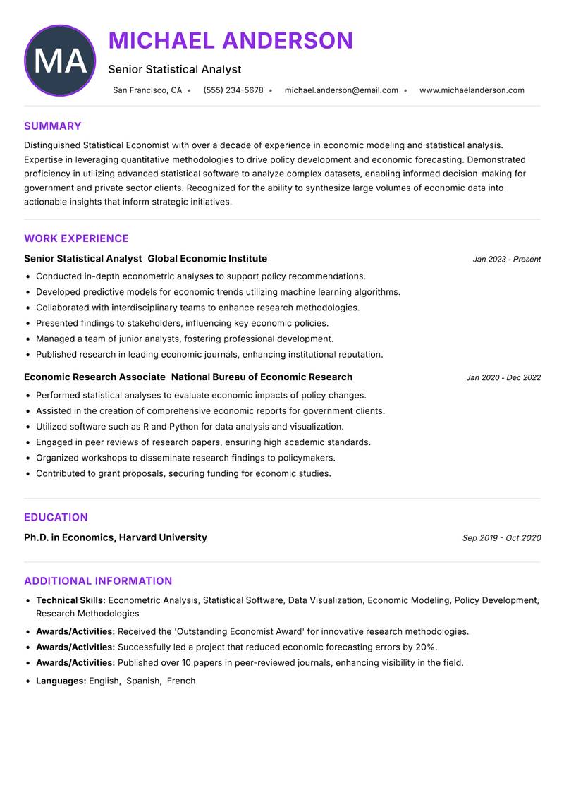 Statistical Economist Resume Preview Example