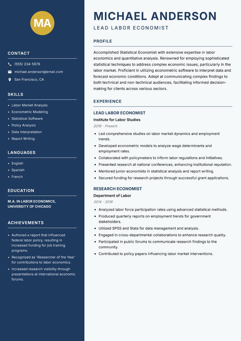 Statistical Economist Resume Preview Example