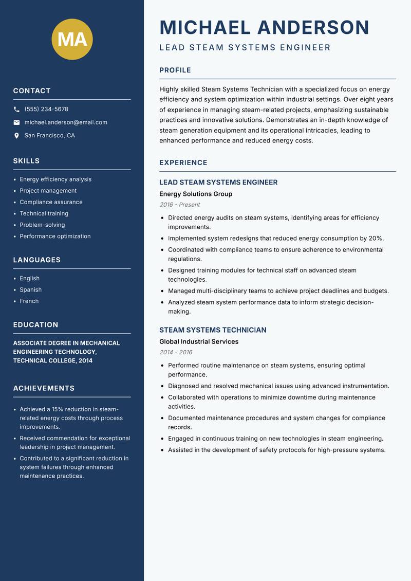 Steam Systems Technician Resume Preview Example