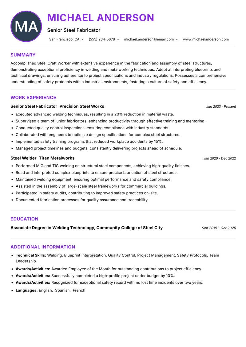 Steel Craft Worker Resume Preview Example