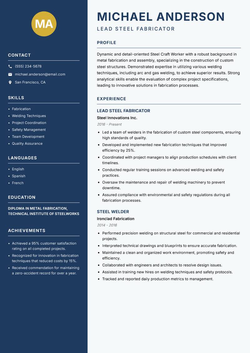 Steel Craft Worker Resume Preview Example