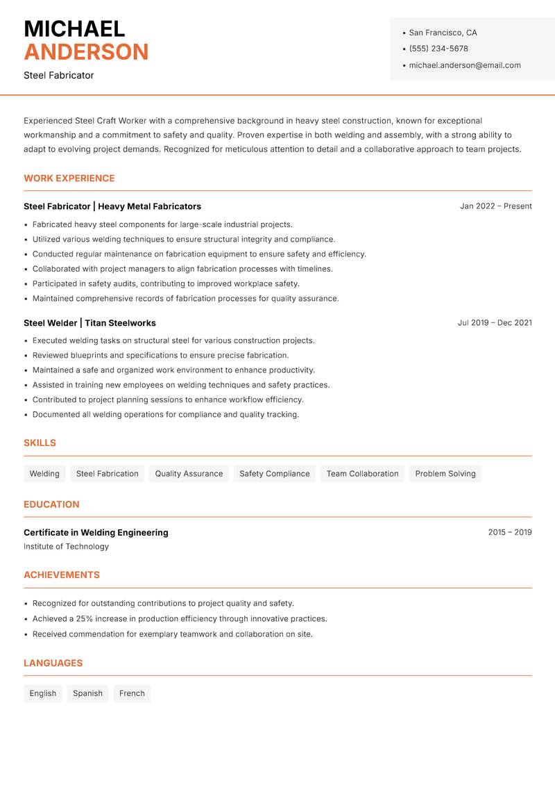 Steel Craft Worker Resume Template