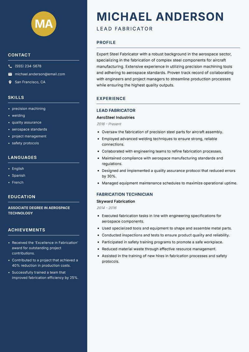Steel Fabricator Resume Preview Example