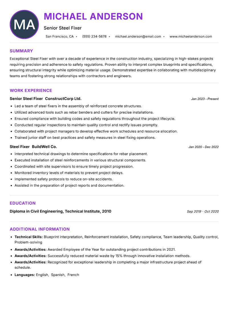 Steel Fixer Resume Preview Example