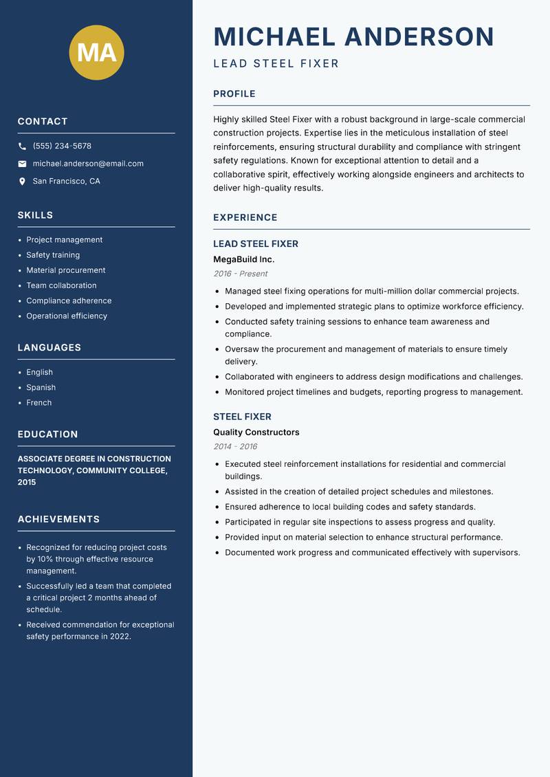 Steel Fixer Resume Preview Example