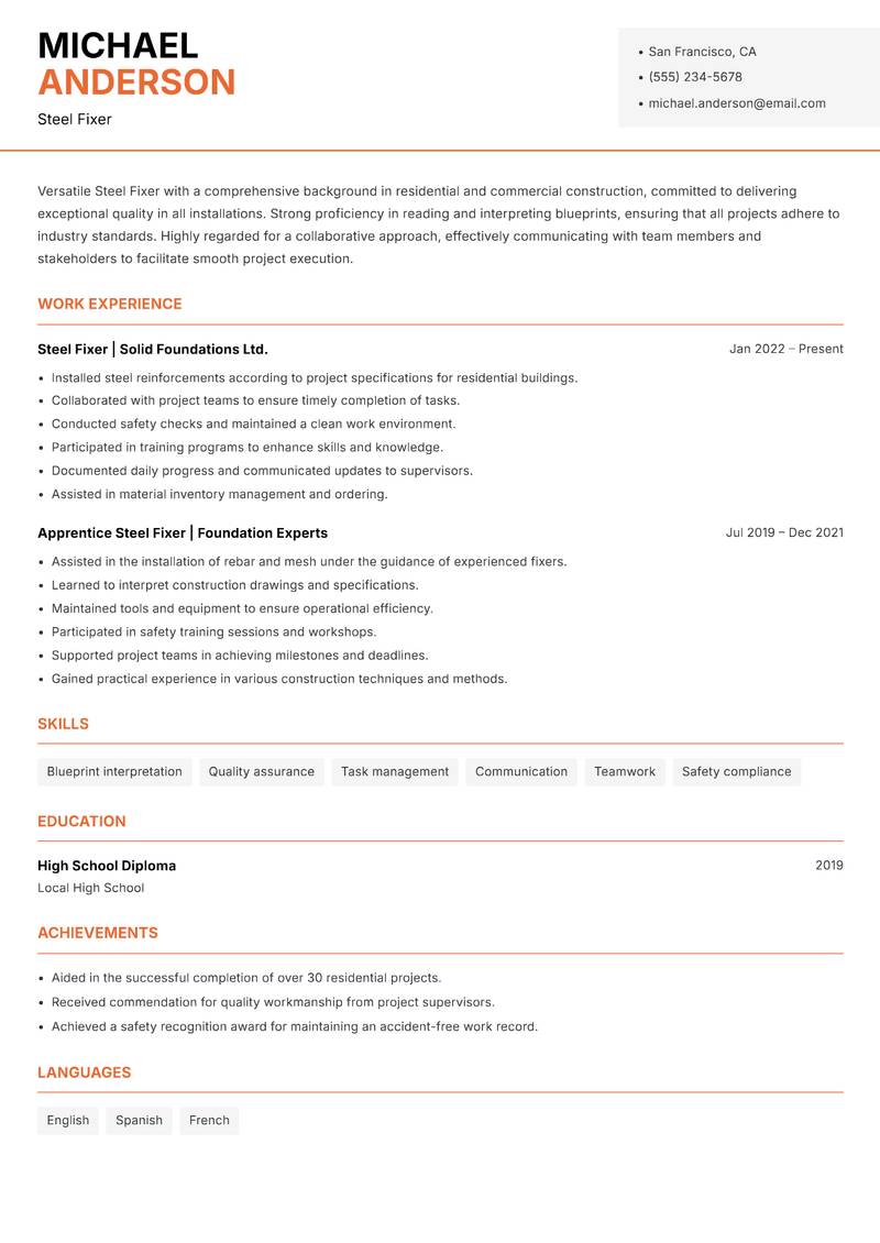 Steel Fixer Resume Template