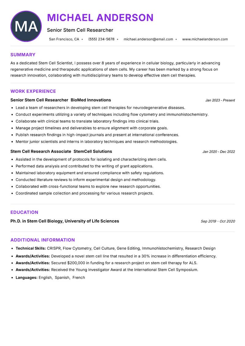 Stem Cell Scientist Resume Preview Example