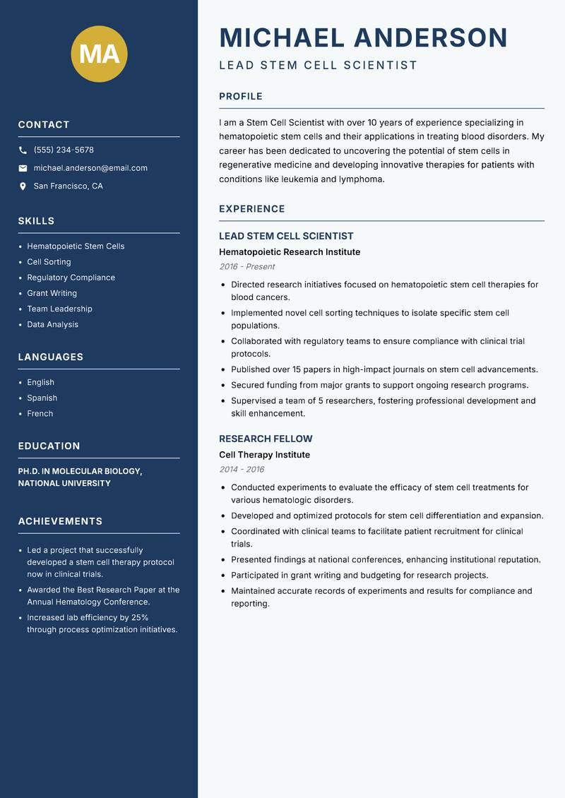 Stem Cell Scientist Resume Preview Example