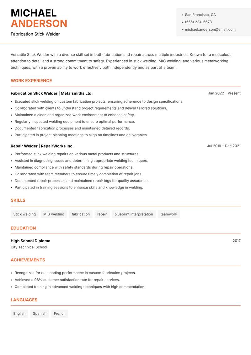 Stick Welder Resume Template