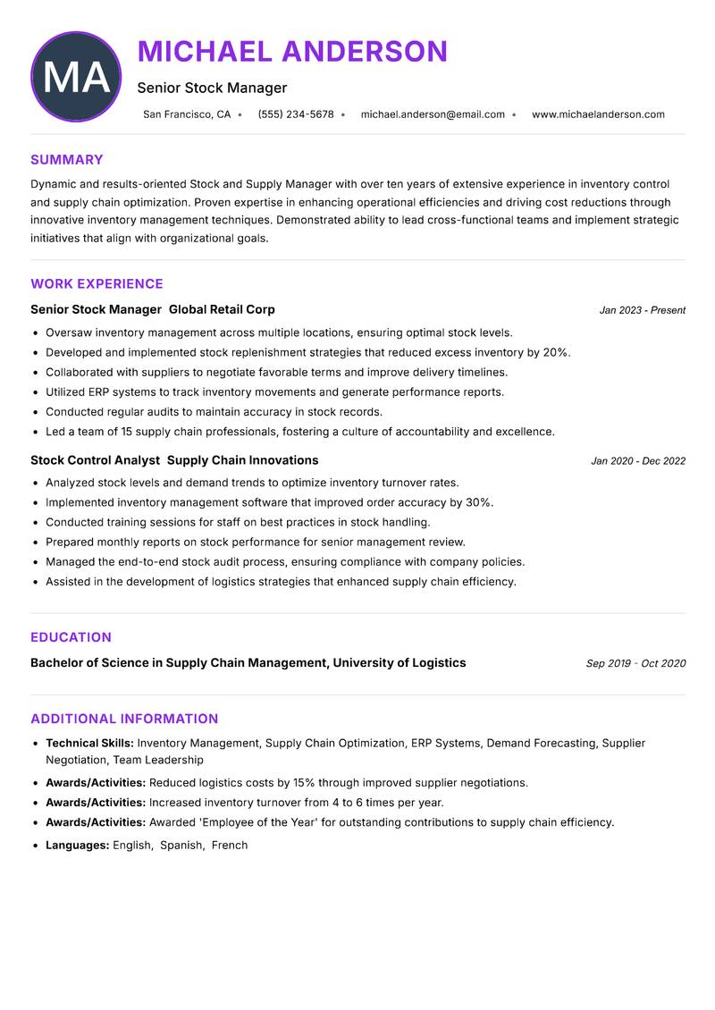 Stock and Supply Manager Resume Preview Example