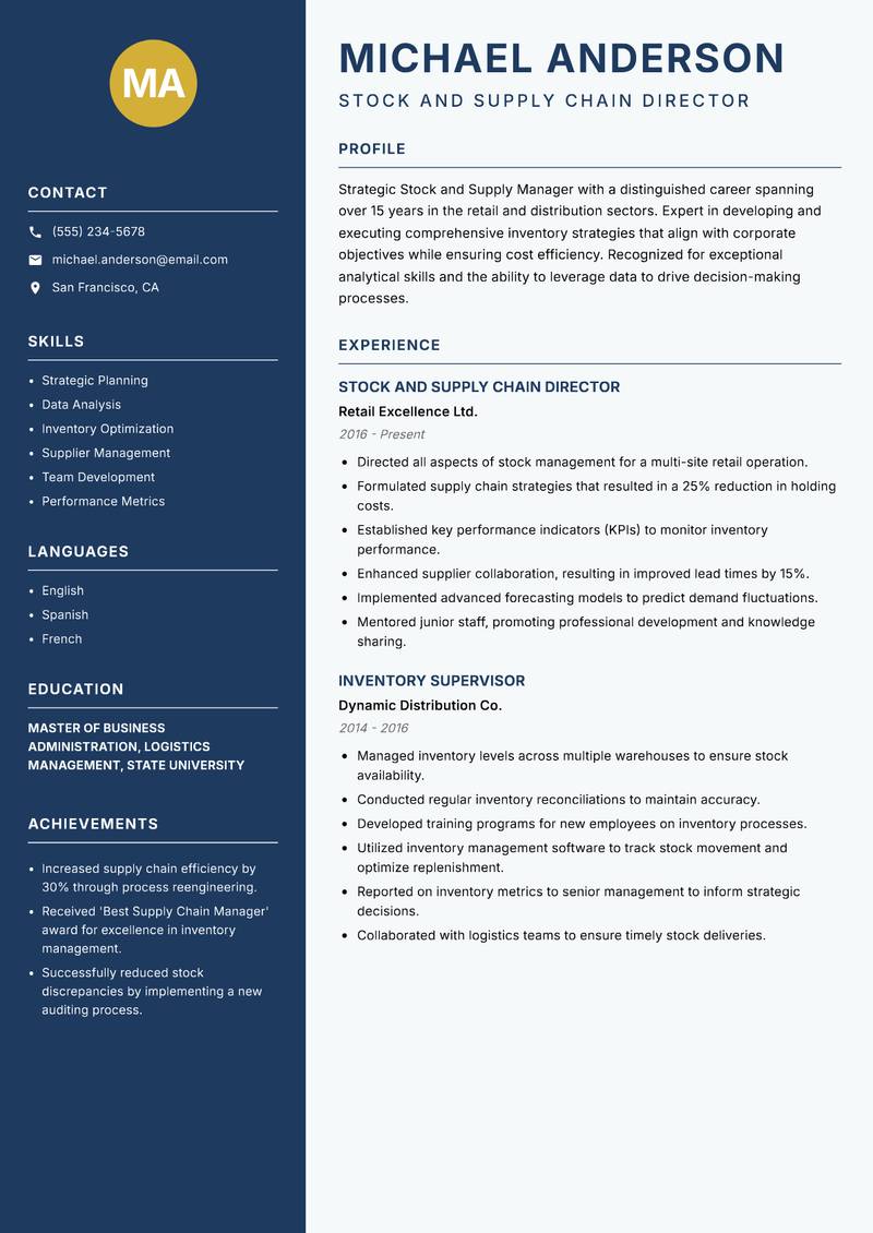 Stock and Supply Manager Resume Preview Example
