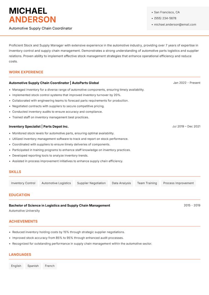 Stock and Supply Manager Resume Template