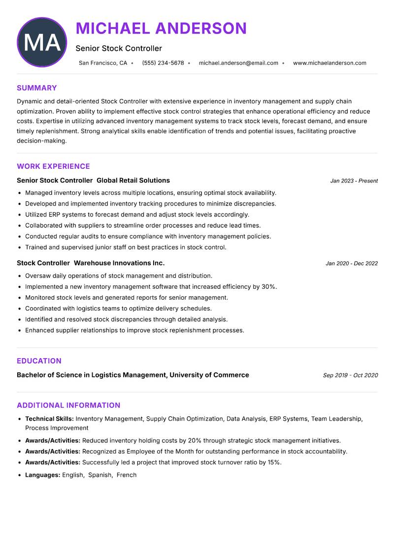 Stock Controller Resume Preview Example