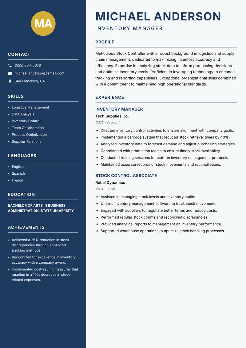 Stock Controller Resume Preview Example
