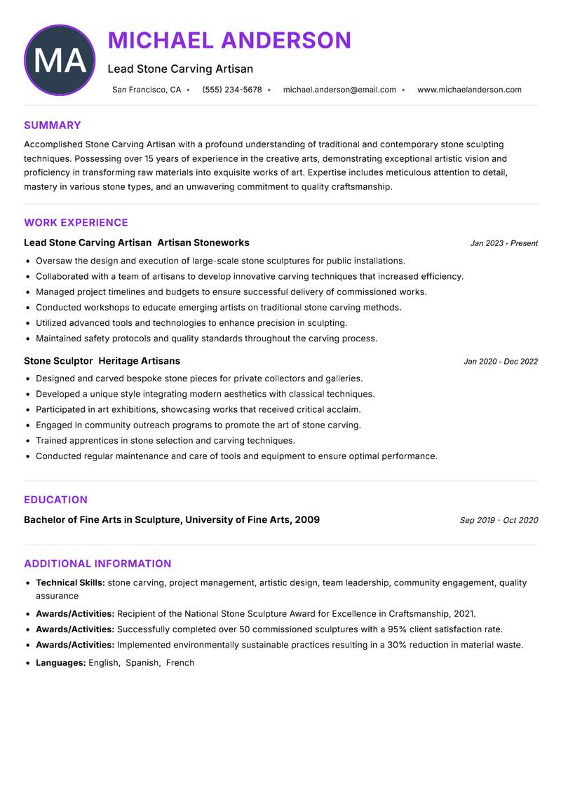 Stone Carving Artisan Resume Preview Example
