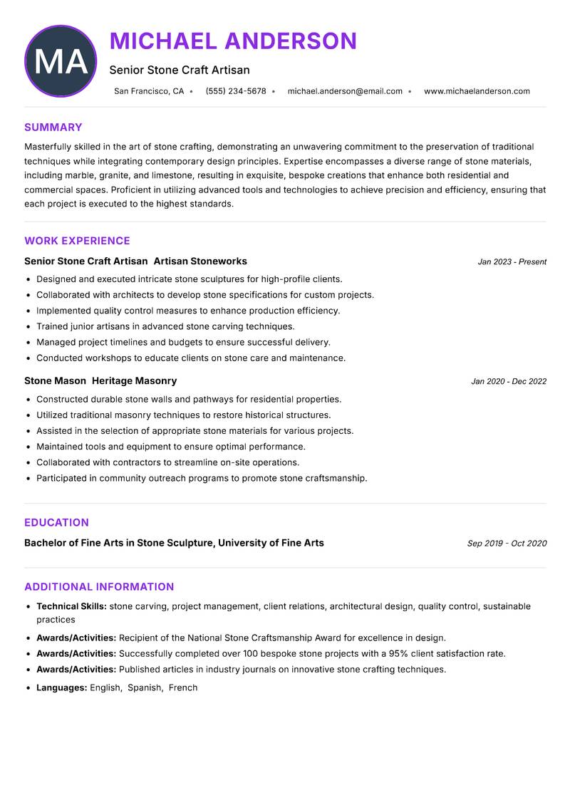 Stone Craft Artisan Resume Preview Example